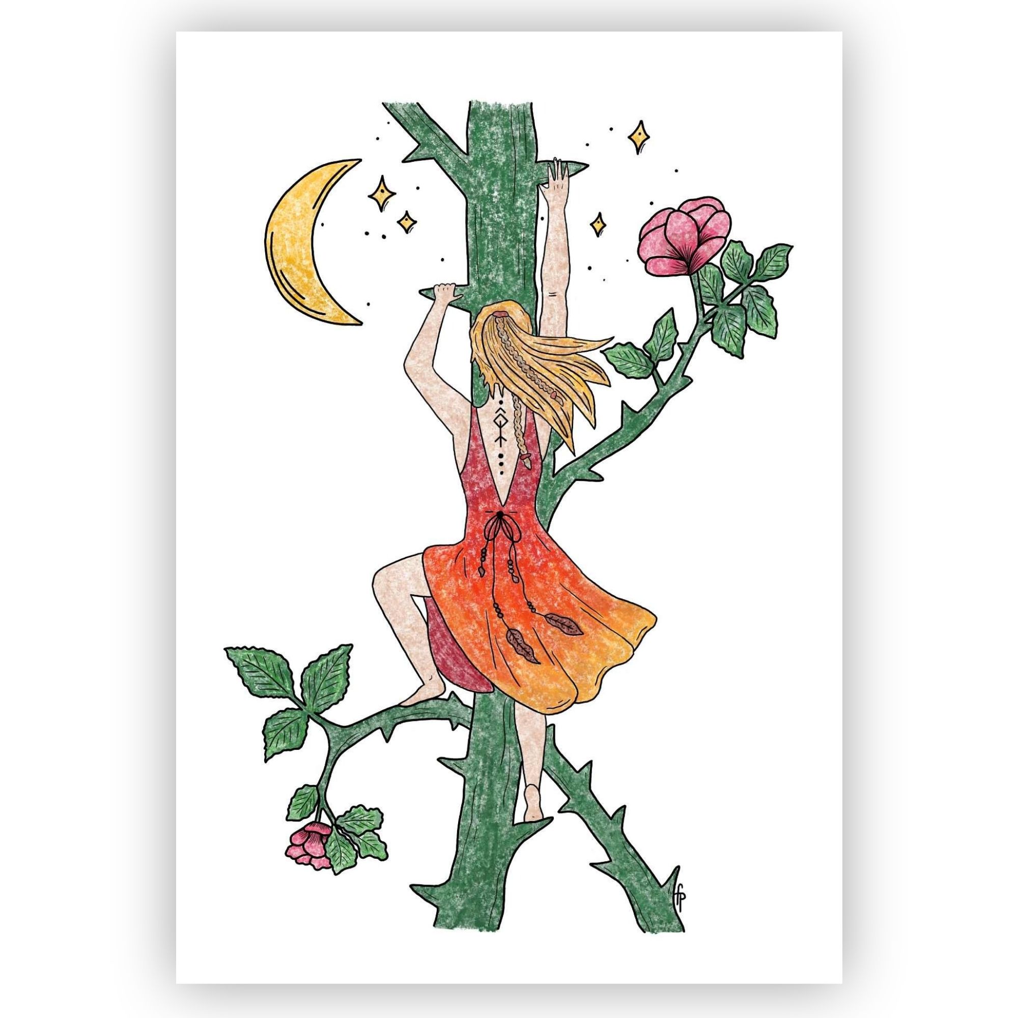 Illustration symbolique Rose initiatique, représentant une femme en ascension entourée d'une rose